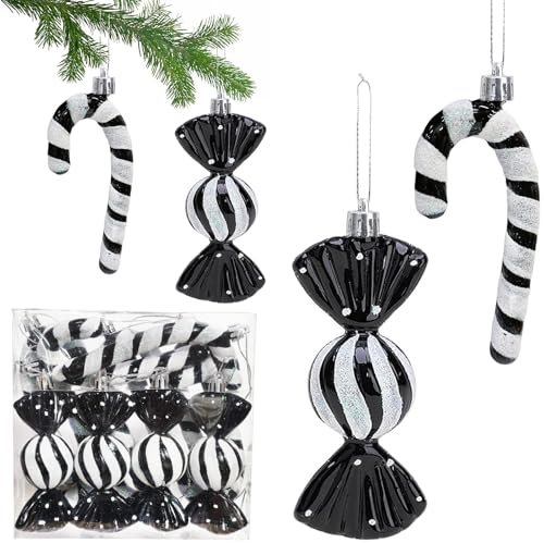 12 Pezzi Decorazioni Albero di Natale Glitter Nero, XXL Baubles Candy Canes, Ornamenti Bianco e Nero per Decorazione Natalizia