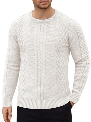 COOFANDY Jersey de Cuello Redondo de Manga Larga Hombres Suéter Básico de Invierno de Punto Cable Pullover Blanco XL