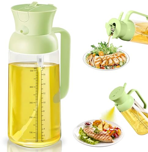 Spruzzino Olio per Friggitrice Aria, 2 in 1 Spruzzatore Olio da Cucina, 550ml Vetro Oliera Spray con Scala di Misurazione, Nebulizzatore Olio per Friggitrice Ad Aria, Insalata, BBQ, Grill (Verde)