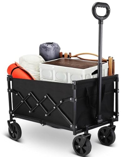 Faltbarer Wagen mit Rädern, zusammenklappbarer Wagen mit verstellbarem Griff, 70L und 550LB große Kapazität, für Einkaufen, Camping, Garten, Strand und Outdoor-Sport (schwarz)