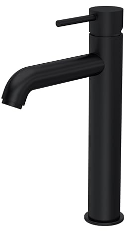 Balterley Tall Basin Mixer Tap, Mono Bathroom Taps, High Rise Monobloc Basin Sink Mixer Tap with Lever Handle, Round Body, Rounded Curved Down Spout Sink Taps - 52 x 188 x 298mm (Black)