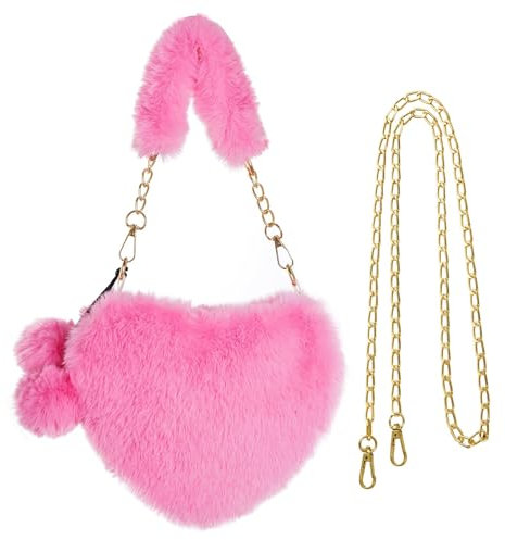 Xvbhaq Handtasche Damen, Plüsch, Herzform Schultertasche, Rosa, Niedlich Tote, Flauschiger Umhängetasche für Beste Freundin, Schwester, Tochter, Nichte, Cousine