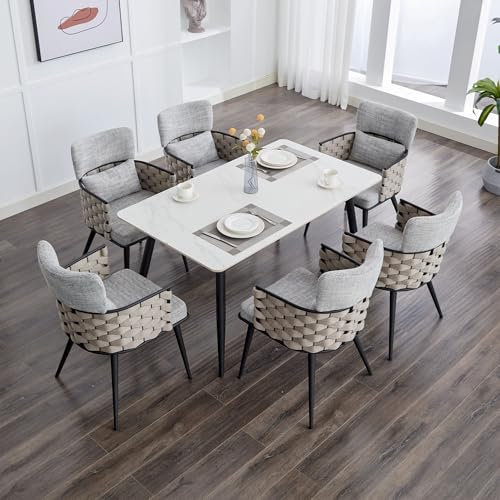 AISALL Esszimmerstühle 6er Set, Küchenstuhl, Polsterstuhl mit Gewebte Riemen Armlehnen, Wohnzimmerstuhl Sessel für Esszimmer, Küche, bis 136 kg belastbar, Metallbeine, Beige