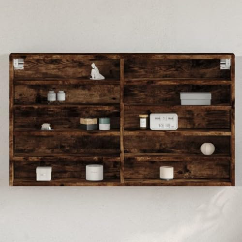 Myheimly Vitrinenschrank, Sammlervitrine, Hängevitrine Wandregal für Wohnzimmer, Wandvitrine Hängeregal Räuchereiche 100x15x58 cm Holzwerkstoff