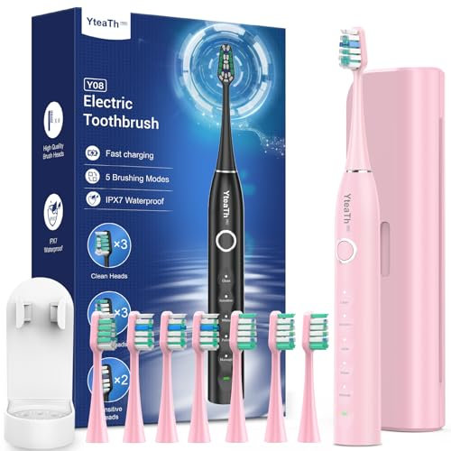 Brosse À Dent Électrique Soniques Adulte Enfant avec 8 Têtes - Brosse A Dent Sonique avec Étui de Voyage, 5 Modes, Étanche IPX7, Brosse A Dent Electrique, Rose Cerise