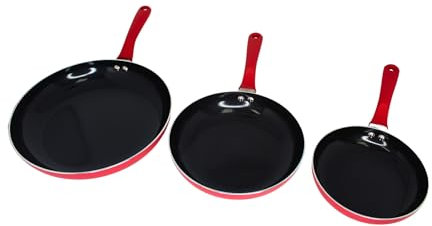 IMUSA Juego de utensilios de cocina de cerámica antiadherente, 3 piezas de 7, 9 y 11 pulgadas, con asas que se mantienen frías, aluminio, rojo