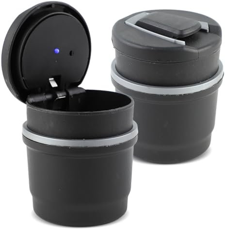 Kytpyi Posacenere Auto, 2 Pezzi 2 in 1 Posacenere Portatile Staccabile con Coperchio Luce LED Tazza di Stoccaggio per Auto Ufficio (Nero)