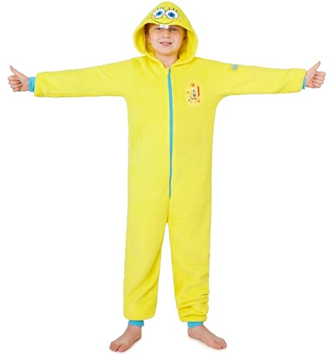 Spongebob Schwammkopf Onesie Für Kinder und Mädchen 5–14, Fleece Jumpsuit Schlafanzug Mit Kapuze, Geschenk Für Mädchen