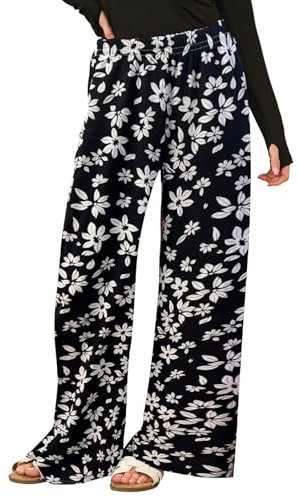 INSAFIANS Women's Palazzo Trousers Flared Elasticated Waist Wide-Leg Trousers for Loungewear Casual Holiday Comfortable (Lily BLK L-XL)