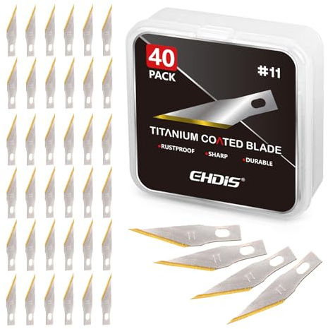 EHDIS 40 Stück Skalpell Klingen mit Titan-Schneide, Titan Beschichtet Ersatzklingen für Bastelmesser, Skalpell, Hobbymesser, #11, Extrem scharf, in praktischer Spenderbox
