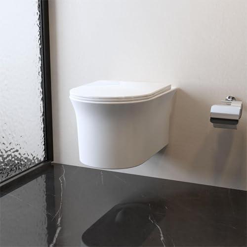 Rimless Wall Hung Toilet Bathroom UF Soft Close Seat Ceramic Round Pan White Modern WC