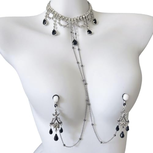 Baroque Black Swan Nipple Clamps with Chain Necklace – Adjustable Non-Piercing Clips for Beginners, Sensual Nights (Nipple Rings) N1-RO1