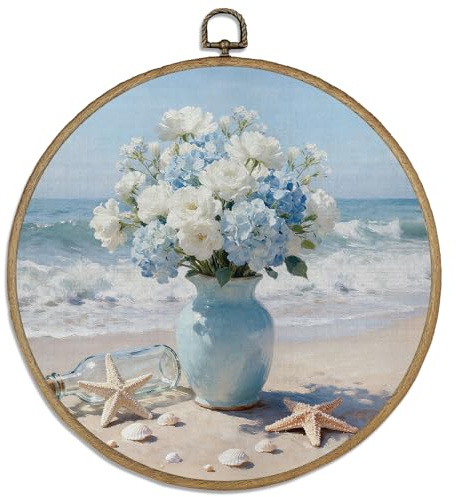 DELORIGIN Vase Mit Rahmen Wanddeko 10 Seestern Rundes Wandbild Mit Vintage Haken Kunstdrucke Zum Aufhängen Für Wohnzimmer Flur Treppenhaus