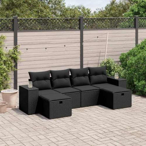 Hoopleep 6-TLG. Garten-Sofagarnitur Schwarz aus Poly Rattan mit Kissen, modulares Outdoor Loungeset für Terrasse und Garten, Bequeme Möbel für 6 Personen