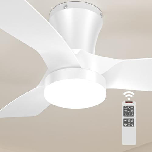 Ventilador de Techo con Luz y Mando 80cm para Techos Bajos, Motor DC Silencioso con Memoria, 6 Velocidades, Regulable 3000-6000K, Temporizador, Reversible Verano/Invierno, Modo Vacaciones, Blanco
