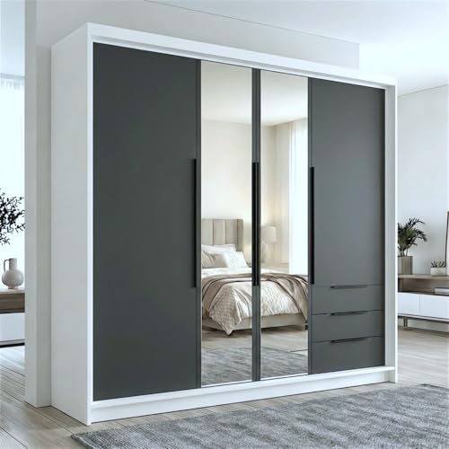 A&J MöbelLand VIVO Kleiderschrank 4-türig mit Spiegel und Schubladen – 200 x 215 cm – Drehtürenschrank mit Kleiderstange und Einlegeböden