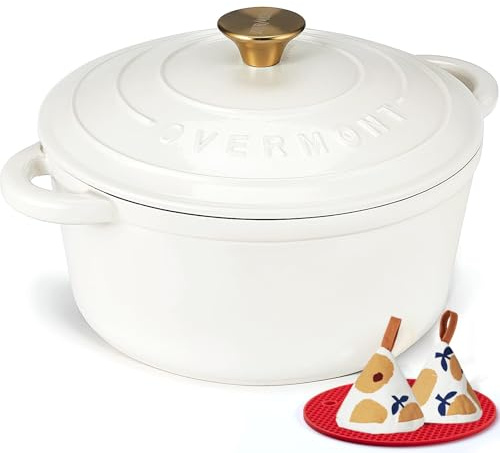 Overmont 28cm/6.6L Enamelled Cast Iron Round Casserole Dish With Lid,7QT, Cookbook -Non-stick Dutch Oven for Braising, Stews, Roasting, Bread Baking - Pearl White