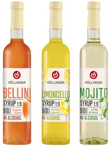 Höllinger Sciroppo Biologico Analcolico, Bellini Pesca, Limoncello Limone, Mojito Lime e Menta, Diluizione 1:9