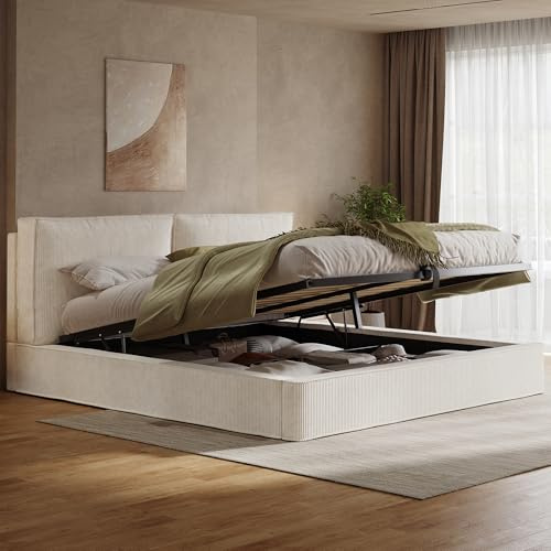 Mielvu Polsterbett,Doppelbett,180 x 200cm,hydraulisches Funktionsbett,Bett mit Lattenrost, Kopfteil, gepolstertes Kopfteil, Beige, Cord