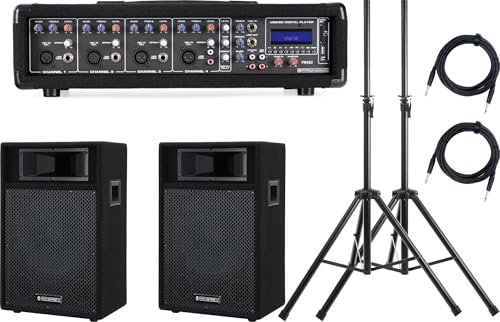 Pronomic PM42-112 StagePower Set Aktivanlage (4-Kanal 100 Watt Powermischer mit MP3-Player, 12 Boxen, Stative und Kabel)