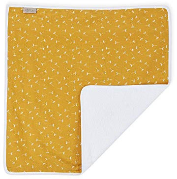KraftKids Wickeltischunterlage Musselin gelb Pusteblumen, Windelmatte aus 100% Baumwolle, wasserundurchlässige Reise-Wickelunterlage