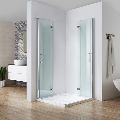 Ducha plegable en esquina con entrada diagonal, 75 x 80 cm, puerta plegable de 180°, doble pared plegable en esquina, mampara de ducha plegable, mampara de ducha con mecanismo de doble giro. Altura de
