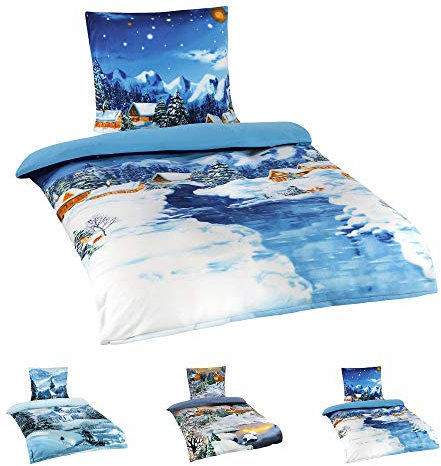 Niceprice Winter Flausch Fleece Microfaser Bettwäsche, Winterlandschaft Motive, 4tlg. Fluss 135x200