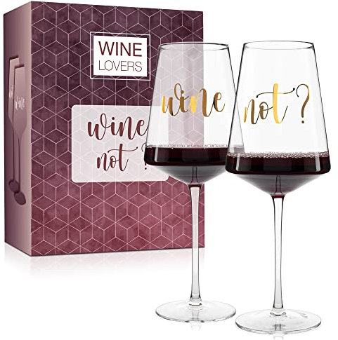 ILP 2er Weinglas 750ml Set XXL Weinglas Geschenkset Wein Geschenk mit witzigem Weinglas Spruch „Wine not?“ - Geschenkset Wein für Paare Frauen Männer