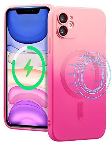 UEEBAI Magnetic Case for iPhone 11 6.1 inch, Bi-color Case Compatible with MagSafe Charger Silicone Cover with Camera Lens Protector Soft Silicon Phone Case - Pink Red