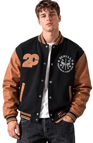 2chilly Herren Collegejacke Jacke mit Lederärmel Vintage Varsity Jacket Lederjacke 50´s College Palm Bay Florida limited Edition Übergansjacke Winterjacke