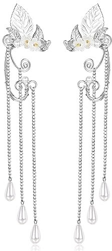 JeweBella Elfen Ohrringe für Damen Silber Elfen Ohren Manschetten Ohrclips Ohne Ohrlöcher Perlen Elfenohren Schmuck für Halloween Cosplay Kostüm