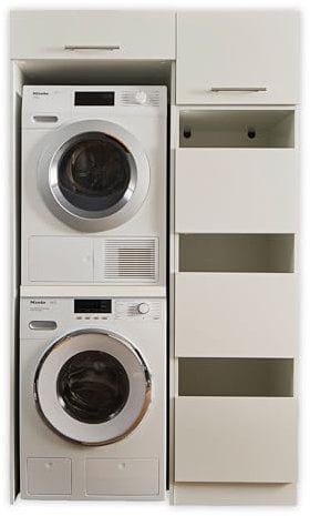 LAUNDREEZY Waschmaschinenschrank für Trockner und Waschmaschine, Wäscheschrank und Schrankaufsatz, Weiß - Praktischer Waschmaschinen-Überbauschrank - 117,5 x 200 x 67,5 cm (B/H/T)