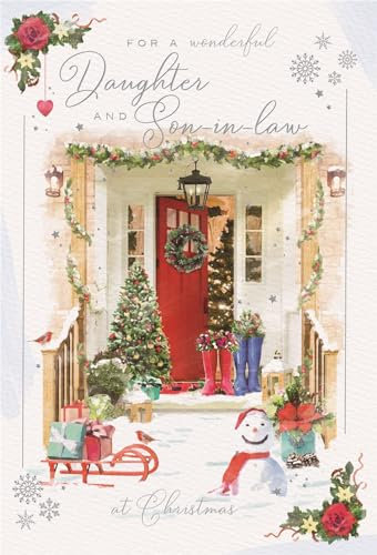 International Cards and Gifts Weihnachtskarte für Tochter und Schwiegersohn, festliche Veranda, Schneemann und Gummistiefel mit Folien- und Glitzerdetails