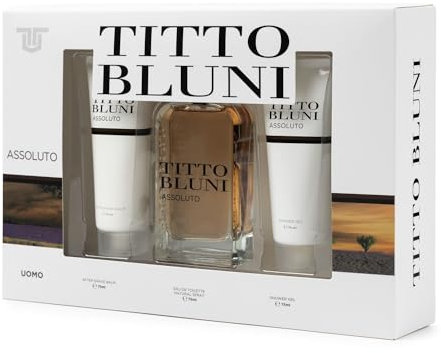 TITTO BLUNI - Assoluto Uomo, Estuche de Regalo Para Hombre, Pack 3 Piezas (Perfume, After Shave, Gel de Baño 75 ml), Fragancia de Larga Duración, Aroma Intenso, Sensual y Maduro