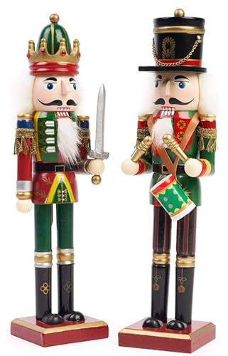 2 P Christmas Wooden Nutcracker Soldiers, 30cm King Ornaments, Premium Pine Wood Painted Christmas Decor for Home Fireplace, Xmas Figures Puppet Soldiers Gifts Toy With Drum & Sword
