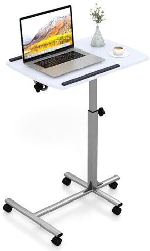 SFAREST Sit-Stand Laptop Desk with Lockable Wheels, 60 x 40cm Height Adjustable Mobile Standing Table with Angle-adjustable Tabletop, C-shaped Computer Workstation for Home Office (White)