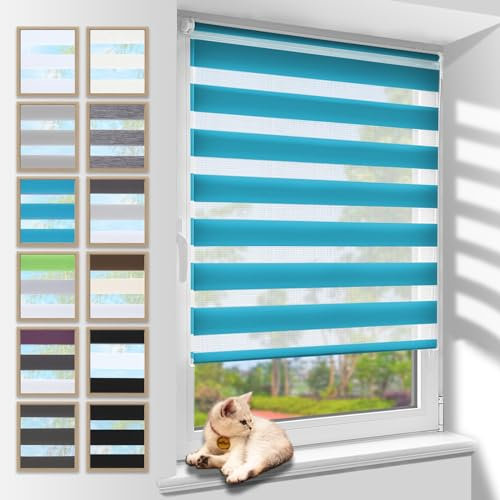 Zarnan Doppelrollo Klemmfix ohne Bohren Türkis 55x120cm(Stoffbreite 51cm) Duo Rollo Blickdicht Zebrarollo Rollos für Fenster ohne Bohren für Wohnzimmer Küche Büro lichtdurchlässig und verdunkelnd