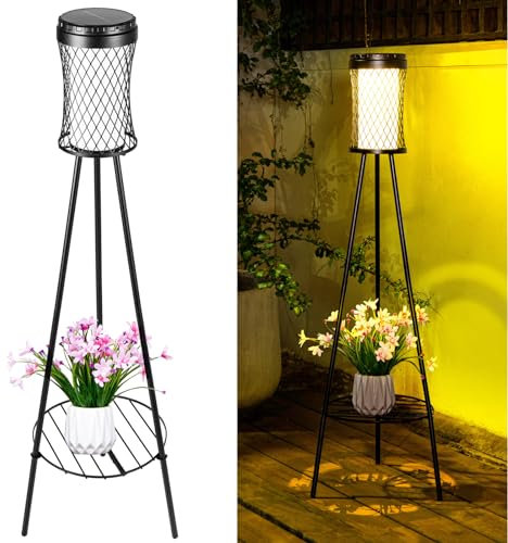 Lampade solari per uso esterno, lampada solare da terra per esterno con supporti per piante, luci solari per uso esterno Lampada solare a 2 LED impermeabile IP65 per patio, portico, garage, cortile