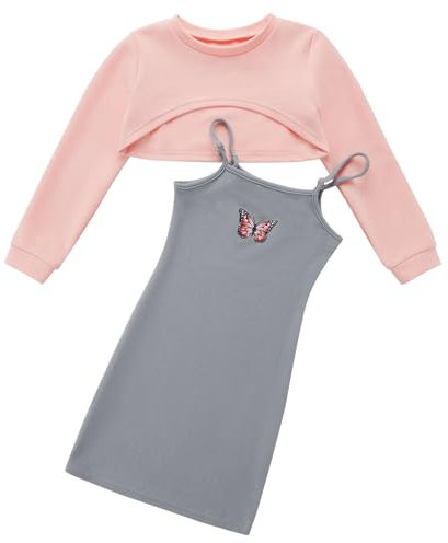 Naiyafly Girl's 2 Piece Outfits Kids Long Sleeve Crop Top and Cami Dress Set Teen Girls Pullover Sweatshirt + Butterfly / Plaid Print Bodycon Dress Clothes Christmas Party Casual Costumes