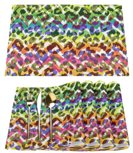Animal Print Placemats Fabric Table Mats Set of 6 Animal Leopard Placemat for Kitchen Dining Table Home Washable Non-Slip Heat Place Mat