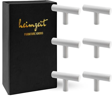 heimzeit Poignées de Placard pour Portes, Tiroirs et Commodes en Acier Inoxydable de Haute Qualité [6 Pièces, Design en T] Couleur: Blanc, Boutons de Meuble avec Poignée à un trou et vis