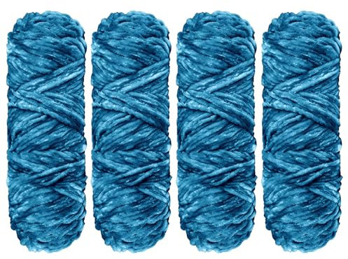 YINVA Chenille Wolle Zum Häkeln 400g (4x100g) - Flauschige Velvet Plüschwolle für Anfänger - Dicke Häkelwolle Zum Stricken - Petrol