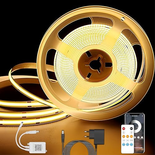 Baixinda COB LED Streifen 5M,flexibles 3000K LED Strip Warmweiss,24v 320 LEDs/M CRI 90+ mit App Steuerung und Fernbedienung für Küche,Schlafzimmer,Wohnzimmer,Schrank,Spiegel
