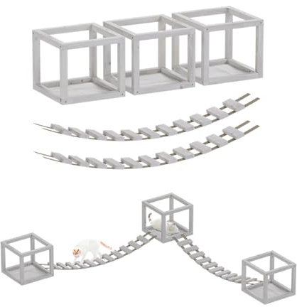 QLS Katzen Kletterwand Set mit 2 Brücken und 3 Liegen aus Holz Deckenmontage (Weiß)