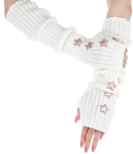 CIATBYYJ Knitting White Arm Warmers Anti-Slip, Long-Sleeve Gloves for Warmth in Winter, Fashionable Y2k Accessories with Pink Star, Fingerless Mittens with Outdoor Activities for Women Girl