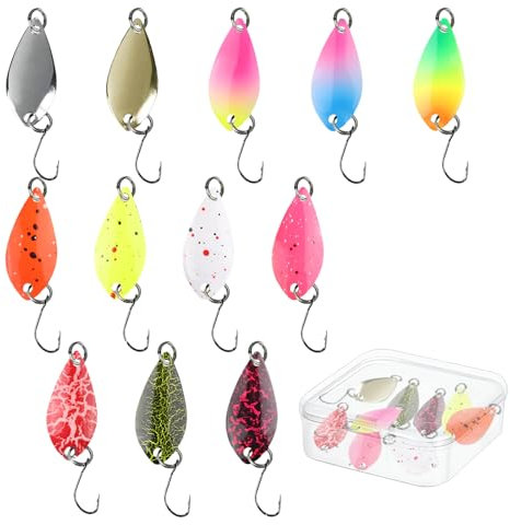 WACH AUF 12 Stück Forellen Spoon Set Forellenköder Metall Spinner Set Realistische Löffelköder Sets 2,5g 3,5g 5g Angelzubehör mit Aufbewahrungsbox für Hecht Zander Barsch Forelle(12 Farben)