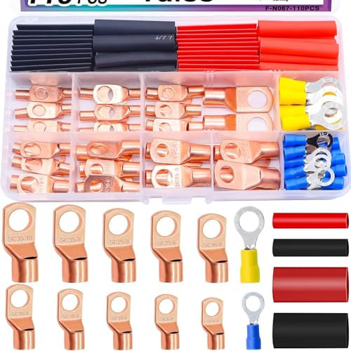 Taiss M6/M8 Cosses Tubulaires Kit 110PCS,pour Câble Électrique,Cosses de Embouts de Câble de Batterie,de raccordement en cuivre，avec un tube de rétrécissement thermique
