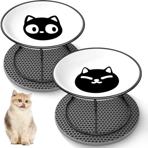 Comedero Gato Elevado FoiiLiio 2 Piezas Cuenco Cerámica Gato Elevado 10 cm con Soporte y Antideslizante Alfombrilla, Platos para Gatos Elevados para Agua y Comida