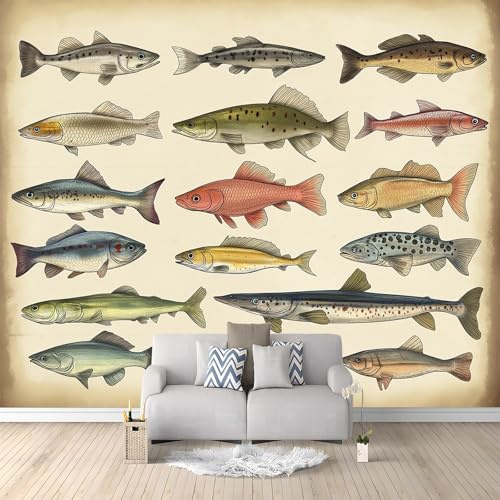 Motivtapete 250 x 175 cm, Vintage Handbemalter Fisch, Fröhliche Motivtapete für Kinderzimmer und Bastelecke, Beige