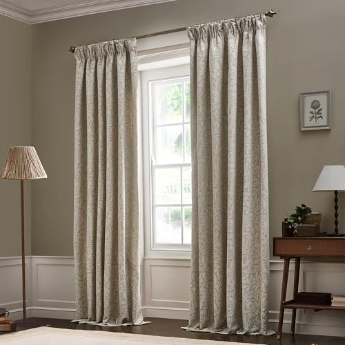 Morris&Co. Acorn Tonal Pencil Pleat Curtain Pair – Lined Matt Jacquard Drapes with Botanical Floral Design (Linen - 168x137cm)